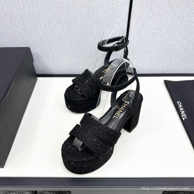 2025 Women Chanel Black Fabric Platform Sandals KFY00310