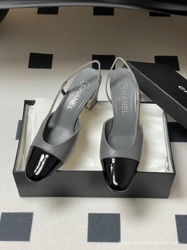 2025 Women Chanel Grey Black Leather Sling-back Heel