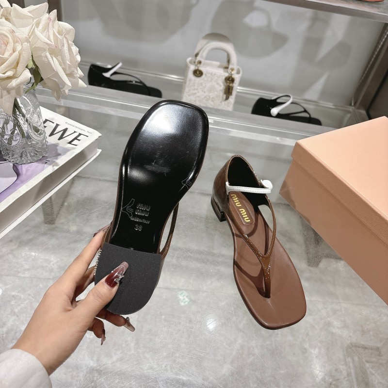 2025 Women Miu Miu Brown Leather T-Strap Flat Sandals KFY00289(F)