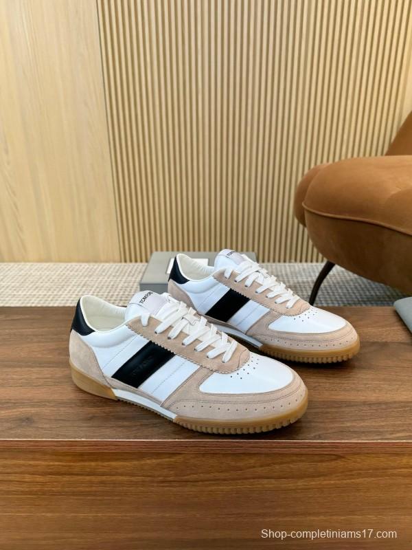 2025 Unisex TOM FORD White Black Beige Leather Suede Sneakers LY00360
