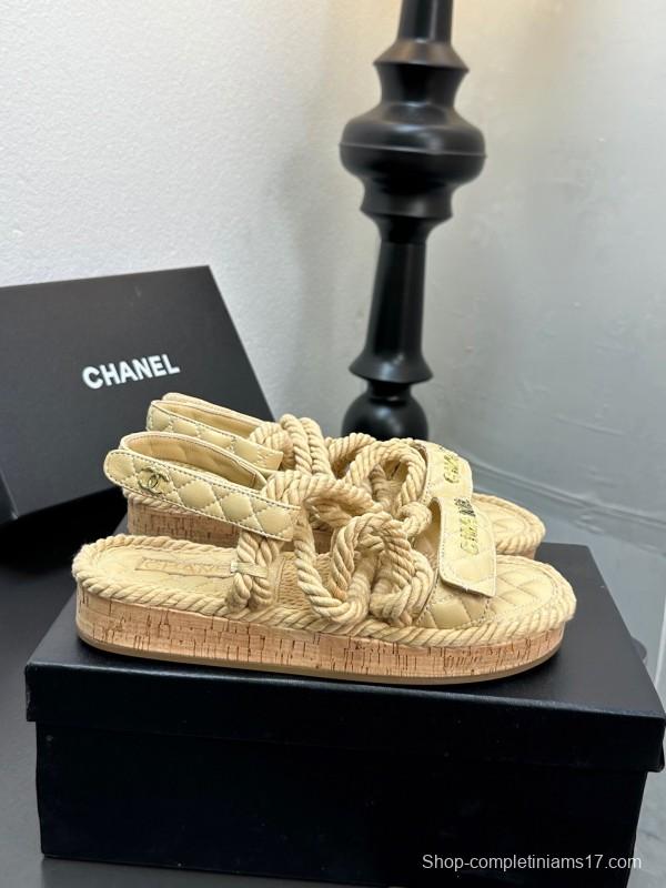 2025 Women Chanel Beige Rope Leather Slingback Sandals
