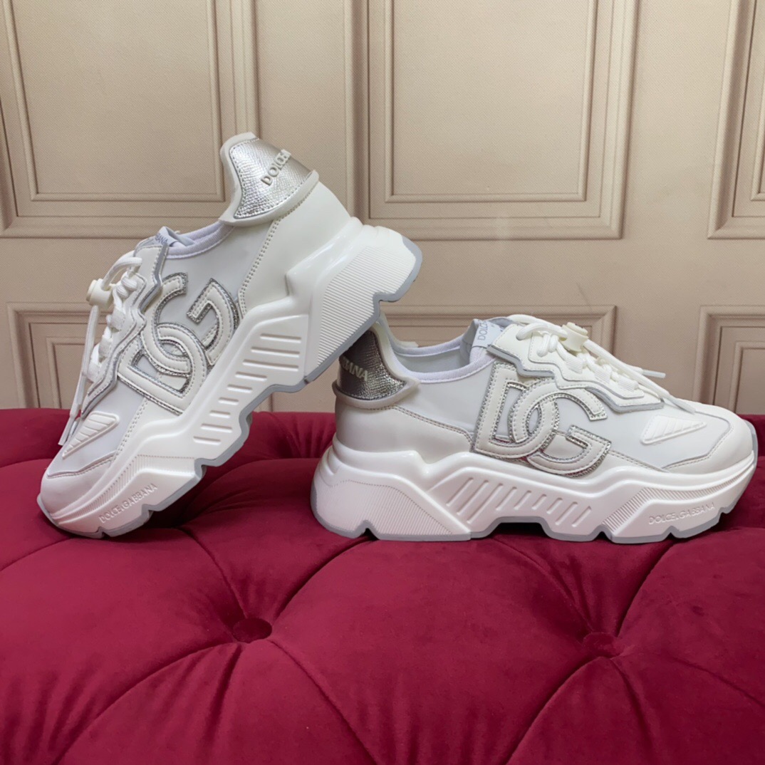 2025 Unisex Dolce & Gabbana White Grey Leather Lycra Sneakers DG Craft LY00330(F)/LY00340(M)