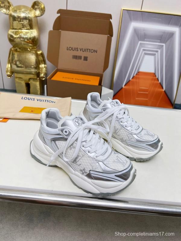 2025 Unisex Louis Vuitton White Grey Mesh Leather Sneakers LY00340