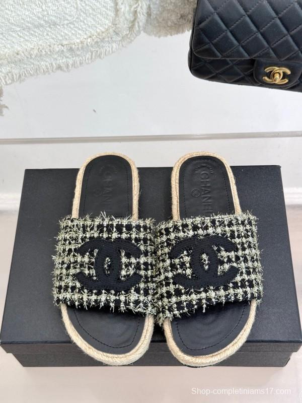 2025 CHANEL Black White Tweed Slippers
