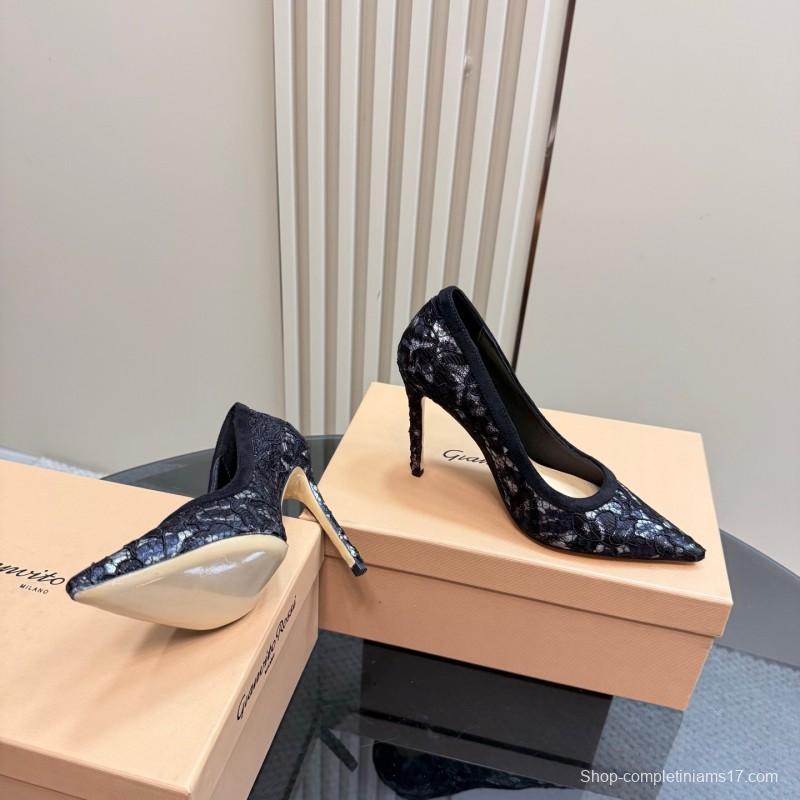 2025 Women Gianvito Rossi Black Lace Leather High Heel KFY00280