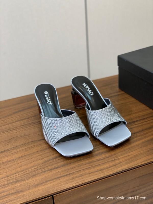 2025 Women VERSACE Silver Leather Slippers