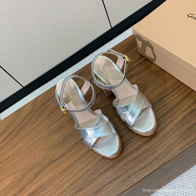 2025 Women Gianvito Rossi Silver Leather Platform Sandals