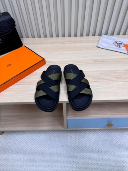 2025 Men Hermès Black Green Fabric Leather Slippers