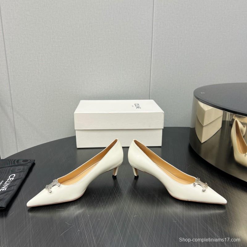 2025 Women Celine White Leather Pointed Toe Kitten Heel KFY00290