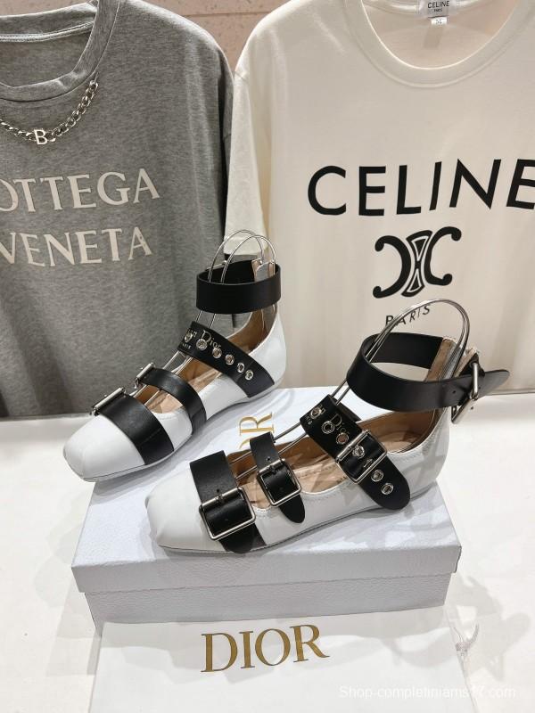 2025 Women Dior White Black Leather Mary Jane Buckle Ballerina KFY00320