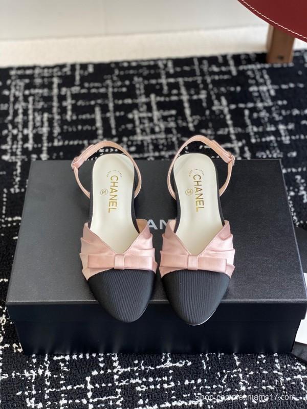 2025 Women Chanel Pink Black Silk Leather Sandals Satin Bow KFY00289