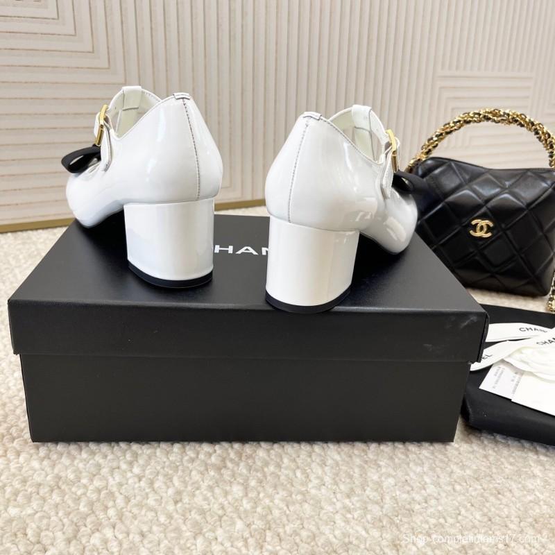 2025 Women Chanel White Black Leather Mary Jane Bow KFY00310
