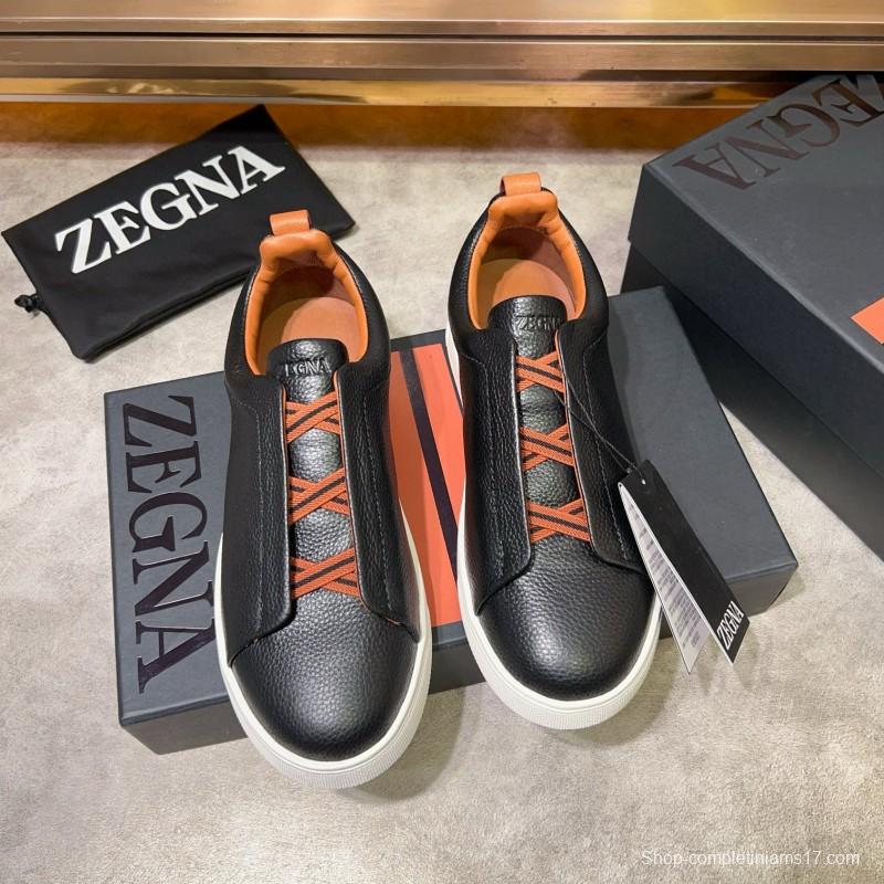 2024 Men Ermenegildo Zegna Black Brown Leather Sneakers MJ00280