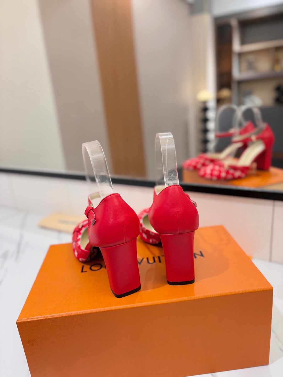 2025 Women Louis Vuitton Red Canvas Leather Heels KFY00310