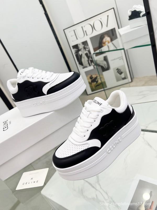 2025 Women CELINE Black White Leather Sneakers KFY00270