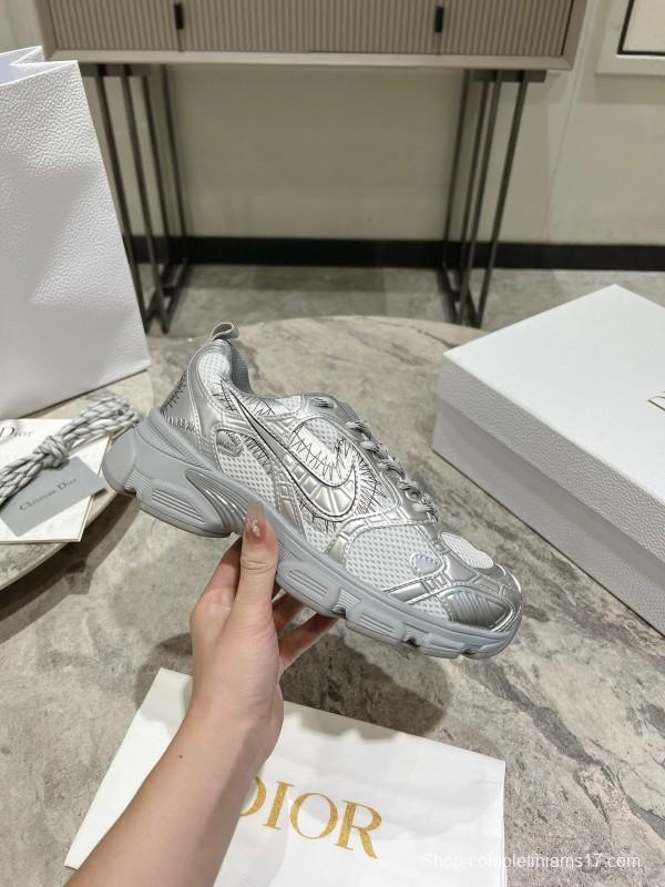 2025 Women Dior Silver Mesh Leather Sneakers