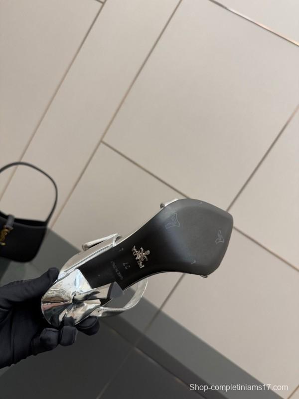 2025 Women Prada Silver Leather Pointed Toe Sandals