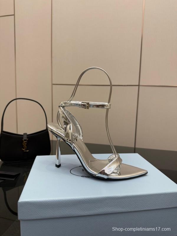 2025 Women Yves Saint Laurent Silver Leather Stiletto Sandals