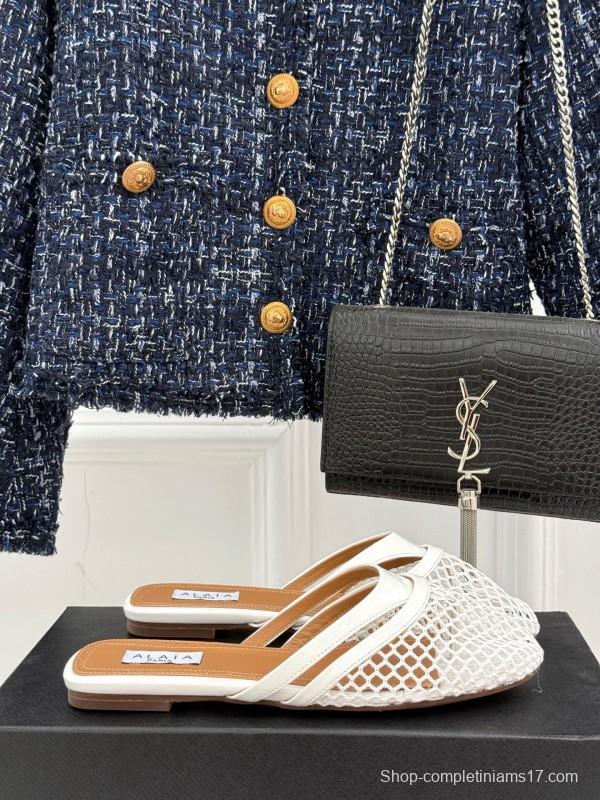 2025 Slippers AlAIA White Leather Mesh Flat Shoes