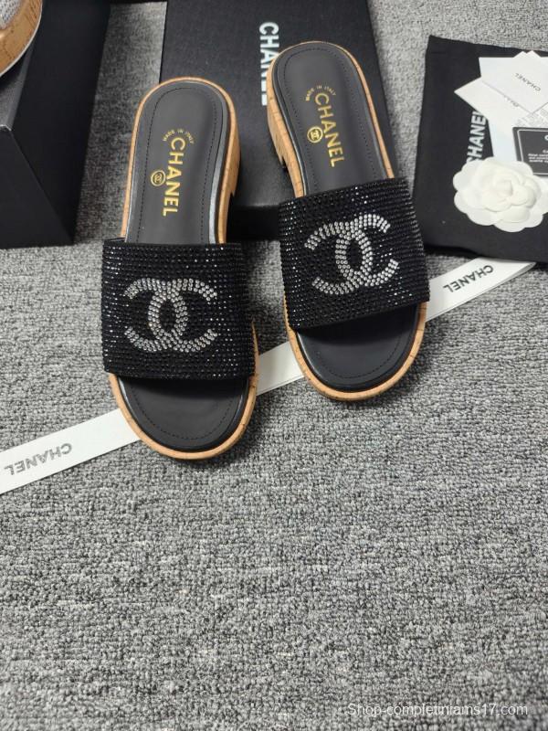 2025 Slippers Chanel Black Crystal Women