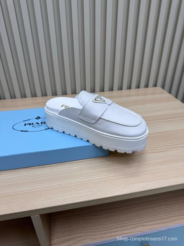 2025 Women Prada White Leather Slippers KFY00280
