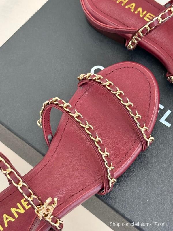 2025 Women Chanel Red Lambskin Chain Strap Sandals
