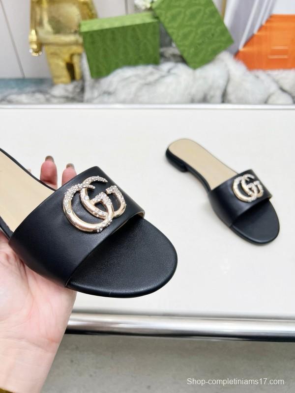 2025 Gucci Black Leather Slippers Double G Buckle MJ00190