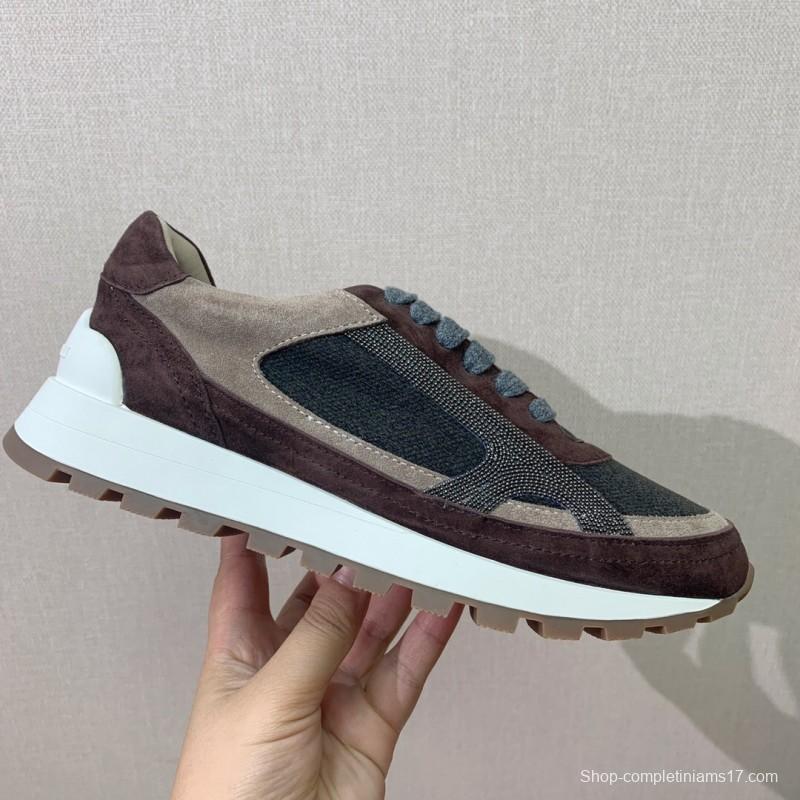 2025 Unisex Brunello Cucinelli Brown Beige Black Suede Leather Sneakers LY