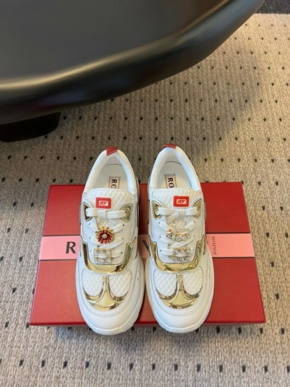 2025 Women Roger Vivier White Gold Leather Mesh Sneakers KFY00380