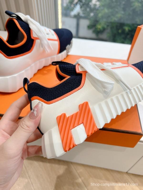 2024 Unisex Hermès 爱H Navy Orange Knit Leather Sneakers 