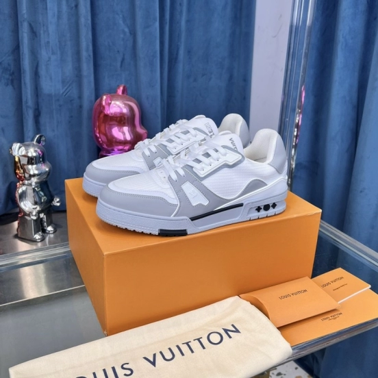 2025 Unisex Louis Vuitton White Grey Leather Mesh LV Trainer