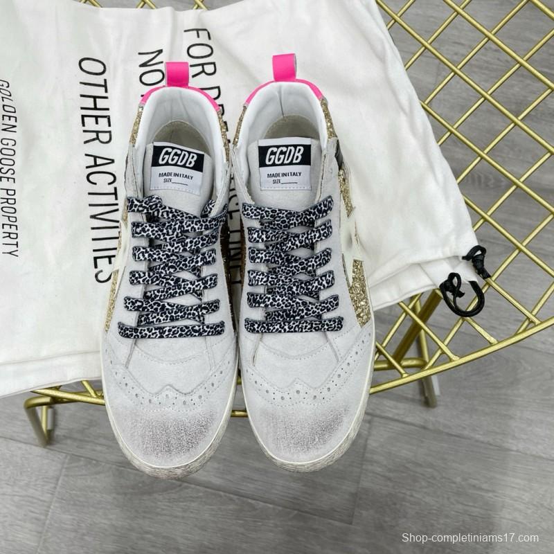 2024 Women GGDB Gold White Leather Glitter High Top Sneakers MJ015AM