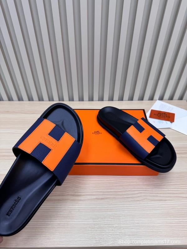 2025 Slippers Hermès Orange Navy Leather Slippers