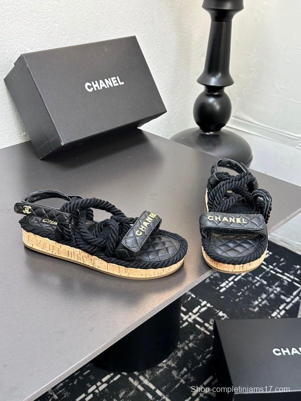 2025 Slippers Chanel Black Rope Leather Sandal LY00260