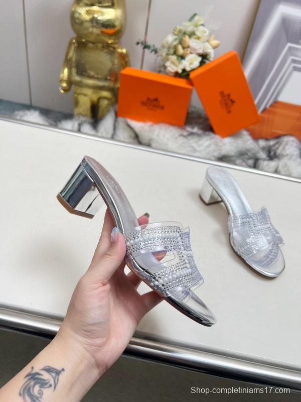 2025 Slippers Hermès Silver Leather Slippers MJ00180/215