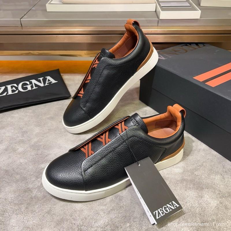 2024 Men Ermenegildo Zegna Black Brown Leather Sneakers MJ00280