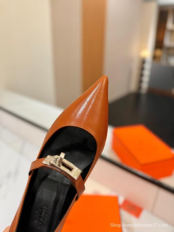 2025 Women Hermès Brown Leather Pumps KFY00330
