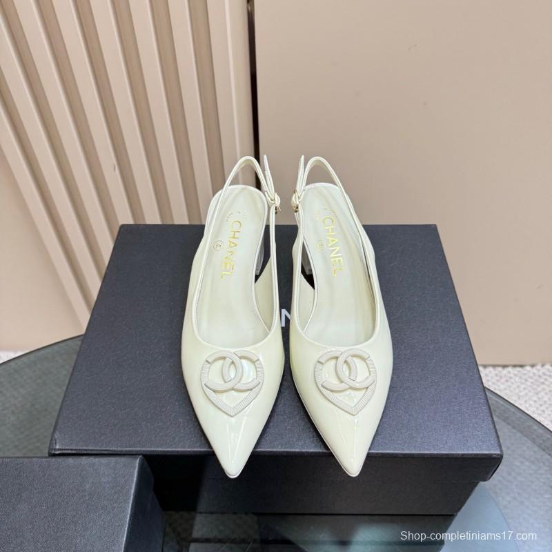 2025 Women Chanel White Patent Leather Slingback Pumps