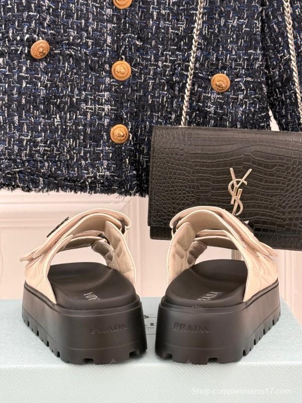 2025 Slippers Prada Beige Leather Magic Tape Platform Thick Sole