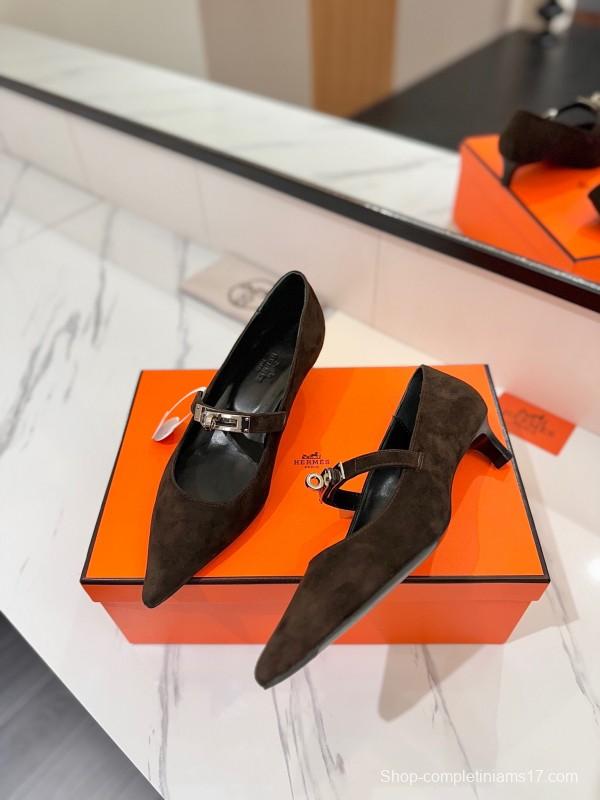2025 Women Hermès Black Suede Mary Jane Shoes KFY00330