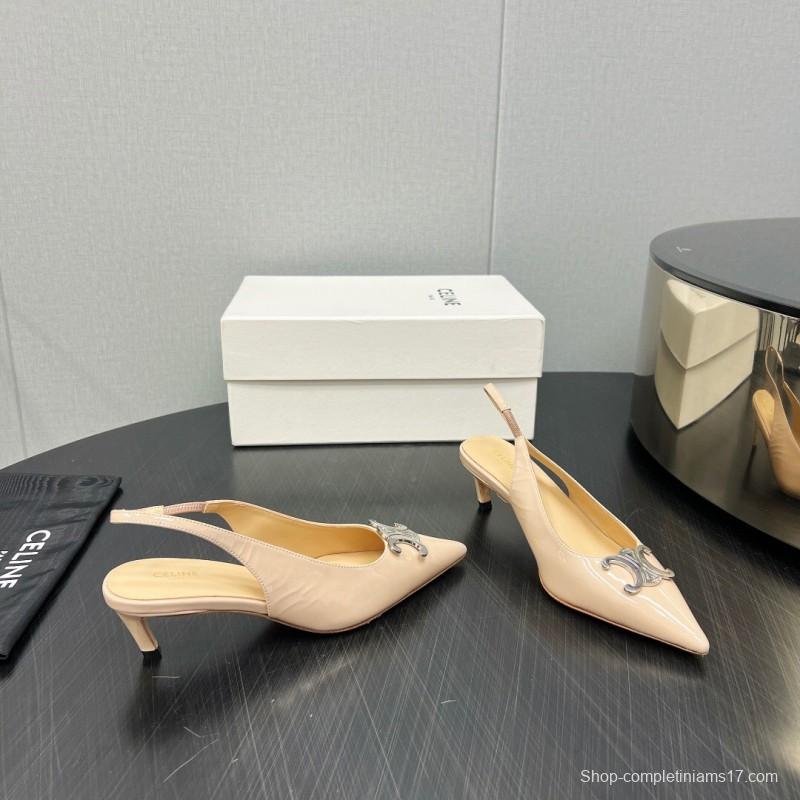 2025 Women Celine Beige Leather Slingback Shoes Metal Buckle
