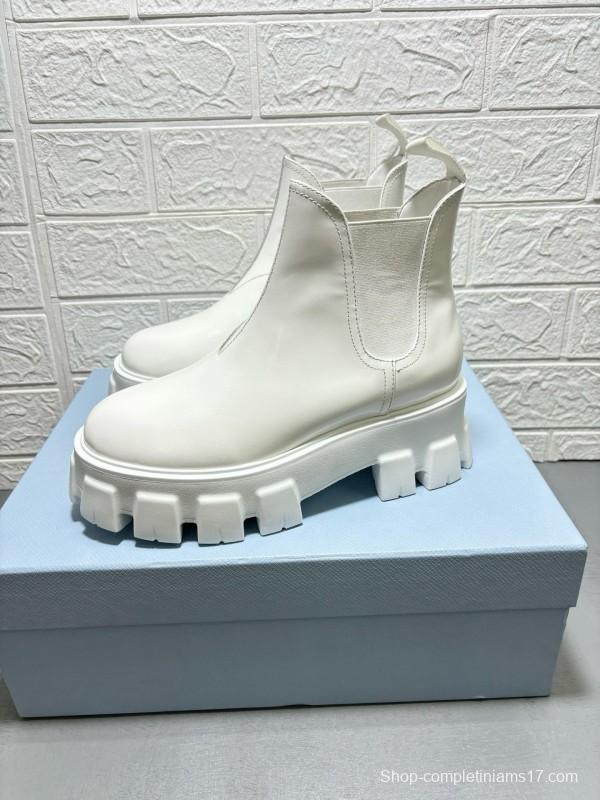 2024 Women Prada White Leather Chelsea Boots MJ00380