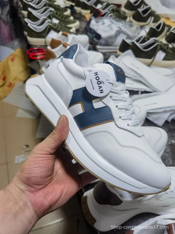 2025 Unisex HOGAN White Blue Brown Leather Sneakers H-STRIPES LY00360(F)/LY00370(M)