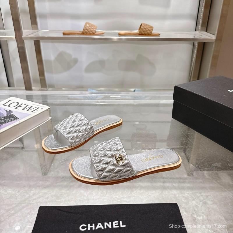 2025 Slippers Chanel Silver Leather Slippers