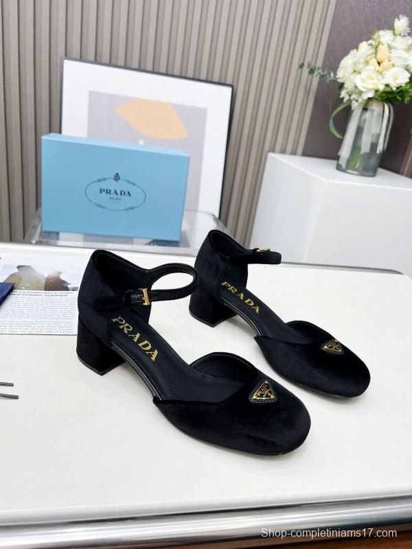 2025 Women Prada Black Velvet Mary Jane Block Heel KFY00270