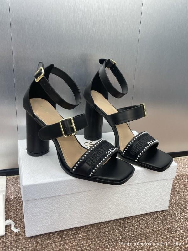 2025 Women Dior Black Leather High Heel Sandals Studded KFY00320