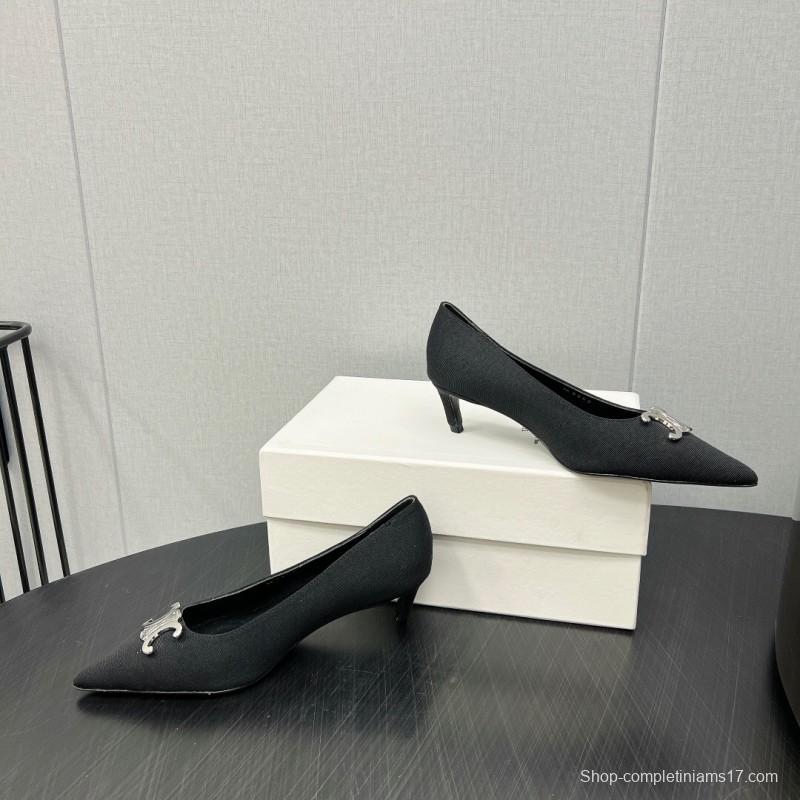 2025 Women Celine Black Fabric Pointed Toe Metal Buckle Pumps
