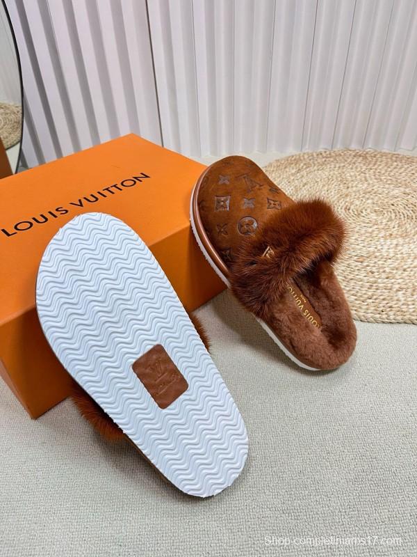 2024 Slippers Louis Vuitton Brown Suede Shearling Slippers MJ00340