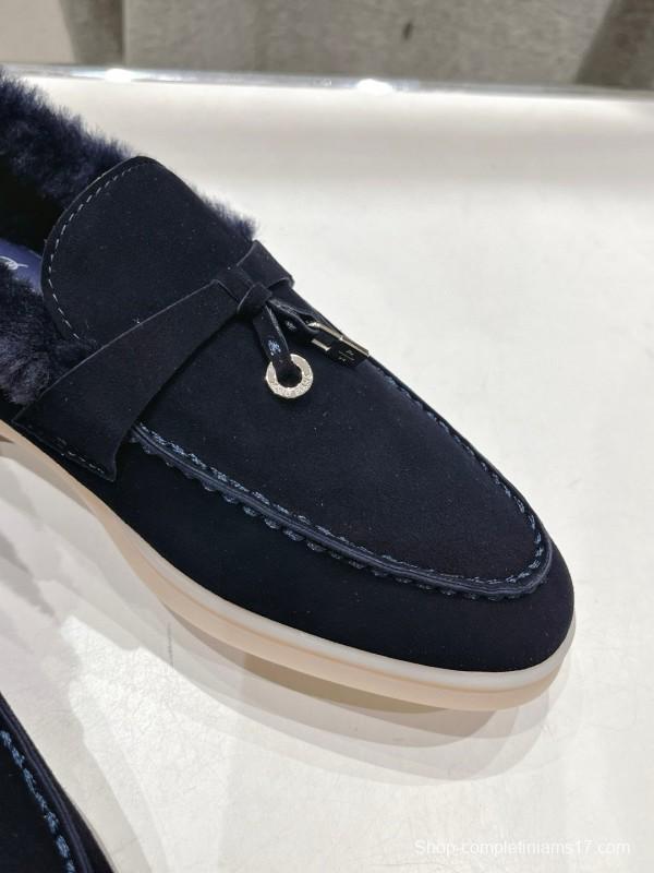 2024 Women LP Navy Suede Fur Loafers