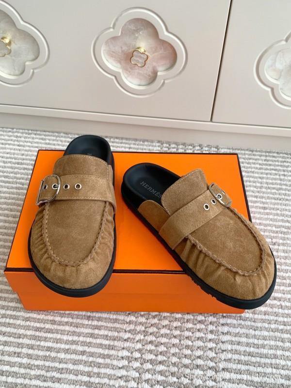2025 Women Hermès Deep Brown Suede Mule Buckle KFY00290